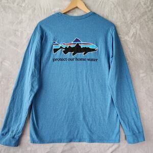 Patagonia Long Sleeve T Shirt Mens Small Whale Responsibili Tee Regular Fit Blue